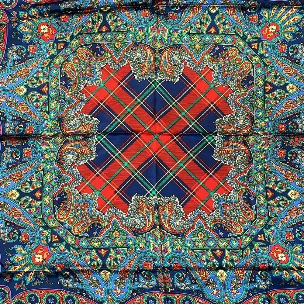Vintage 90s Satin Silk Blend w/ Paisley & Plaid Print Bandana Scarf